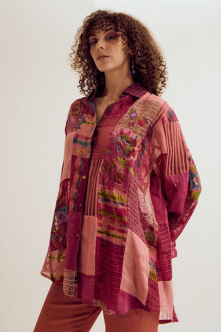 Capisvirleo_Pink Linen, Jacquard, Silk Patchwork, Embroidery Collared Paako Shirt _Online_at_Aza_Fashions