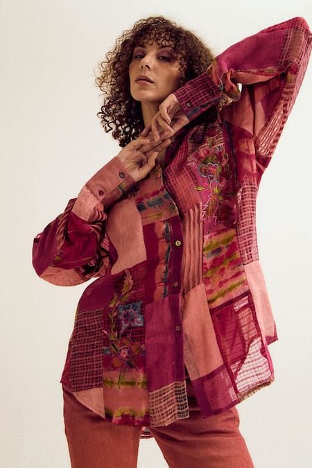 Buy_Capisvirleo_Pink Linen, Jacquard, Silk Patchwork, Embroidery Collared Paako Shirt _Online_at_Aza_Fashions