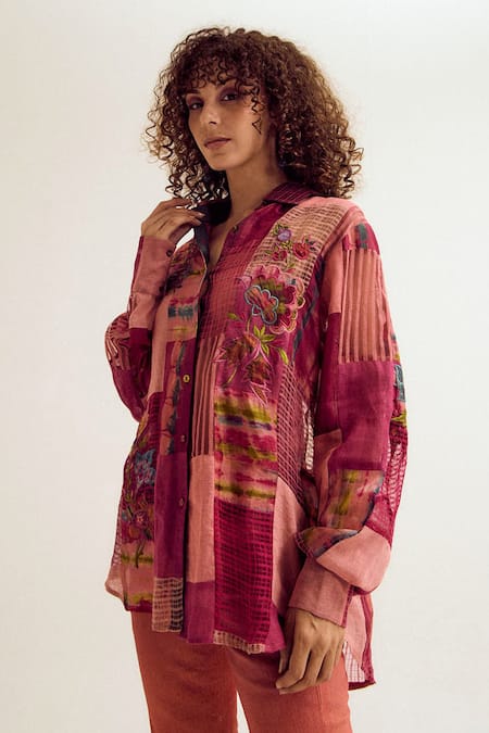 Shop_Capisvirleo_Pink Linen, Jacquard, Silk Patchwork, Embroidery Collared Paako Shirt _Online_at_Aza_Fashions