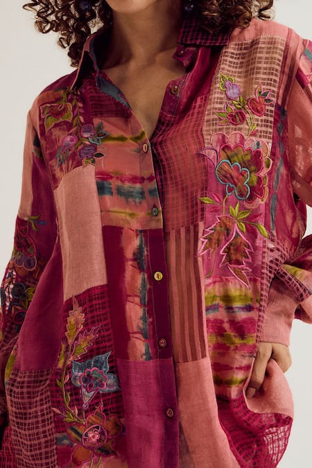 Capisvirleo_Pink Linen, Jacquard, Silk Patchwork, Embroidery Collared Paako Shirt _at_Aza_Fashions