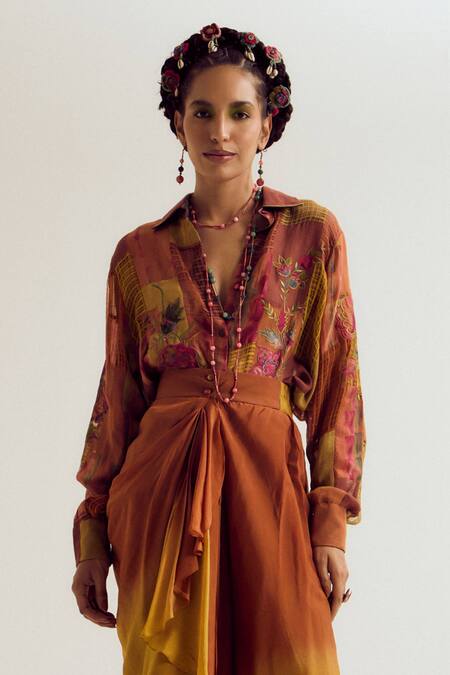 Capisvirleo_Rust Linen, Silk, Jacquard Patchwork, Embroidery Collared Paako Shirt _Online_at_Aza_Fashions