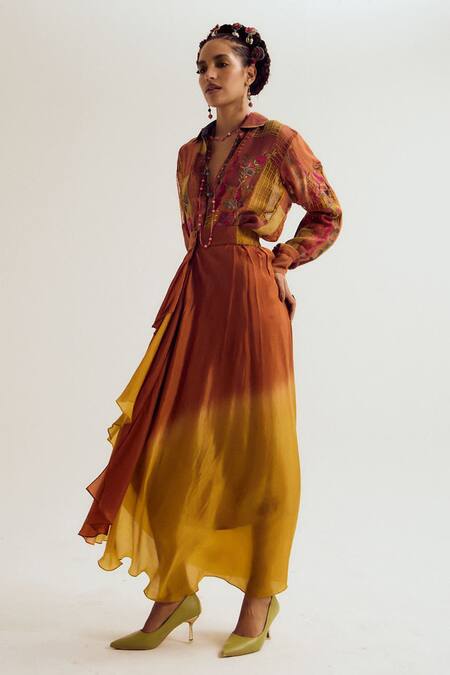 Buy_Capisvirleo_Rust Linen, Silk, Jacquard Patchwork, Embroidery Collared Paako Shirt _Online_at_Aza_Fashions