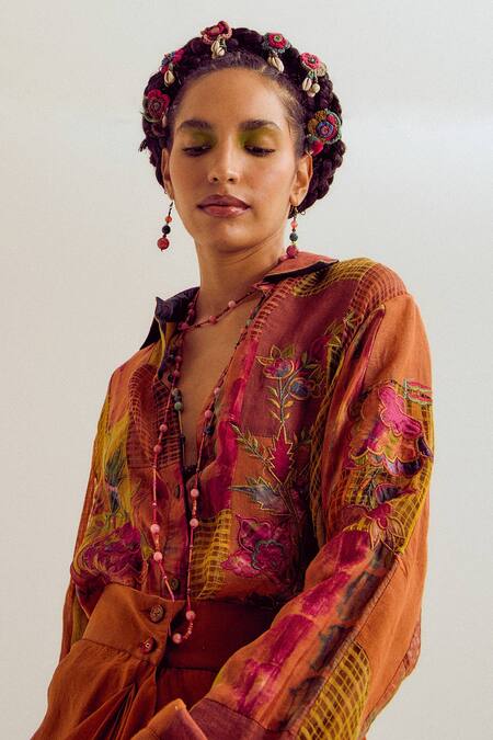 Shop_Capisvirleo_Rust Linen, Silk, Jacquard Patchwork, Embroidery Collared Paako Shirt _Online_at_Aza_Fashions