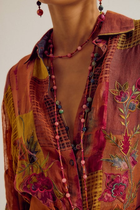 Capisvirleo_Rust Linen, Silk, Jacquard Patchwork, Embroidery Collared Paako Shirt _at_Aza_Fashions