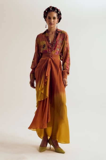 Capisvirleo Rust Linen, Silk, Jacquard Patchwork, Embroidery Paako Shirt And Vinca Skirt Set 