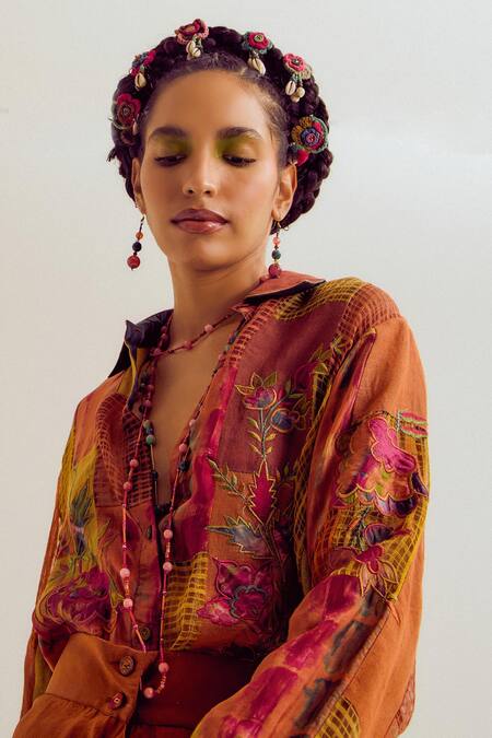 Capisvirleo_Rust Linen, Silk, Jacquard Patchwork, Embroidery Paako Shirt And Vinca Skirt Set _Online_at_Aza_Fashions