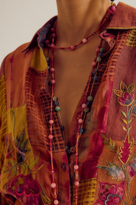 Buy_Capisvirleo_Rust Linen, Silk, Jacquard Patchwork, Embroidery Paako Shirt And Vinca Skirt Set _Online_at_Aza_Fashions