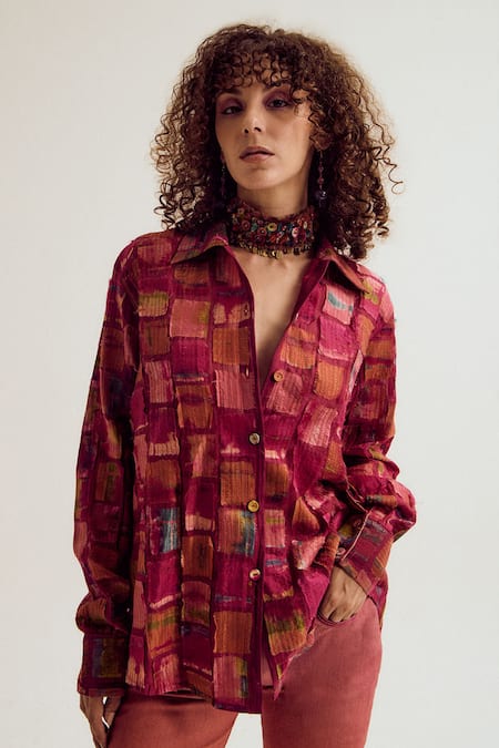 Capisvirleo_Fuchsia Chanderi Silk Patchwork, Embroidery Collared Cosmos Shirt _Online_at_Aza_Fashions