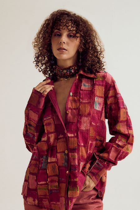 Buy_Capisvirleo_Fuchsia Chanderi Silk Patchwork, Embroidery Collared Cosmos Shirt _Online_at_Aza_Fashions