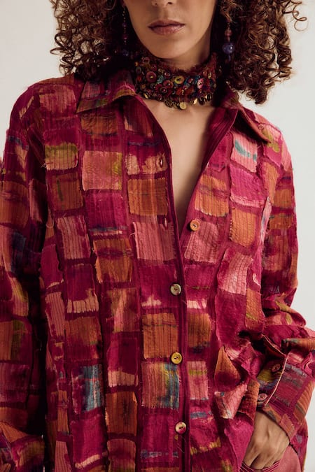 Shop_Capisvirleo_Fuchsia Chanderi Silk Patchwork, Embroidery Collared Cosmos Shirt _Online_at_Aza_Fashions