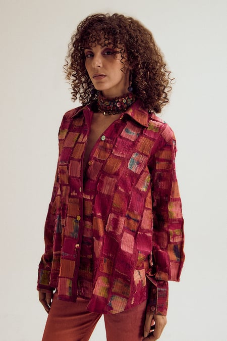 Capisvirleo_Fuchsia Chanderi Silk Patchwork, Embroidery Collared Cosmos Shirt _at_Aza_Fashions