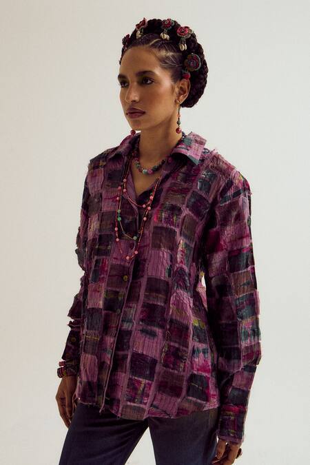 Capisvirleo_Lavender Chanderi Silk Patchwork, Embroidery Collared Cosmos Shirt _Online_at_Aza_Fashions