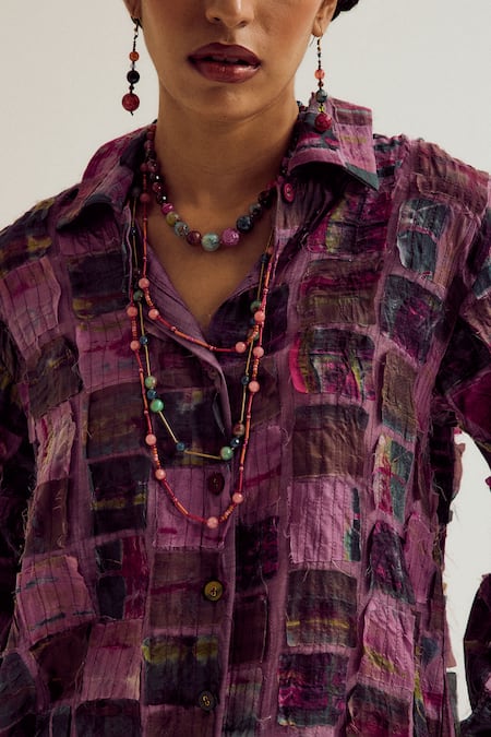 Buy_Capisvirleo_Lavender Chanderi Silk Patchwork, Embroidery Collared Cosmos Shirt _Online_at_Aza_Fashions