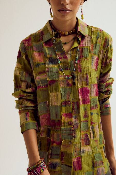 Capisvirleo_Green Chanderi Silk Patchwork, Embroidery Collared Cosmos Shirt _Online_at_Aza_Fashions