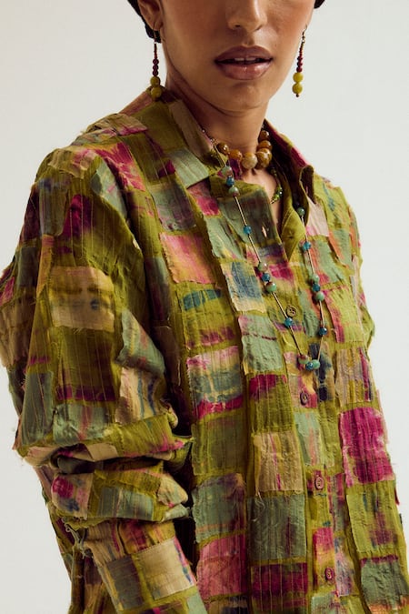 Shop_Capisvirleo_Green Chanderi Silk Patchwork, Embroidery Collared Cosmos Shirt _Online_at_Aza_Fashions