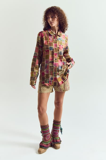 Capisvirleo_Beige Chanderi Silk Patchwork, Embroidery Collared Cosmos Shirt _Online_at_Aza_Fashions