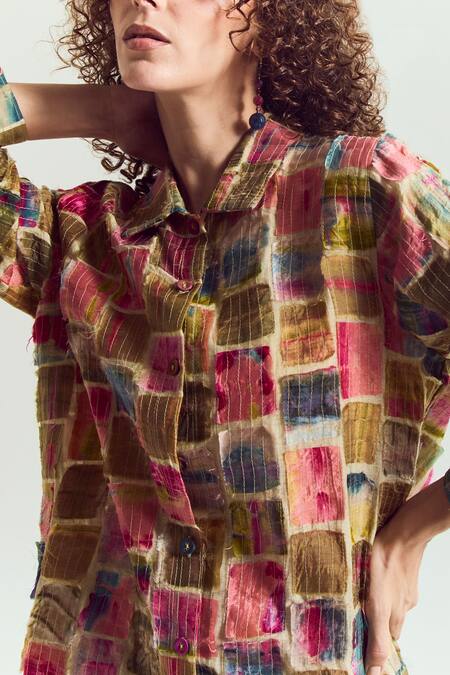 Buy_Capisvirleo_Beige Chanderi Silk Patchwork, Embroidery Collared Cosmos Shirt _Online_at_Aza_Fashions