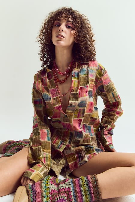 Shop_Capisvirleo_Beige Chanderi Silk Patchwork, Embroidery Collared Cosmos Shirt _Online_at_Aza_Fashions