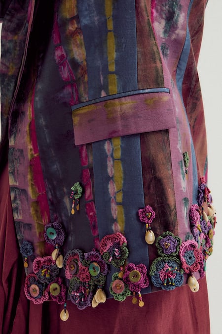 Capisvirleo_Lavender Silk Fabric Flowers, Embroidery, Patchwork, Laburnum Tie Dye Blazer _Online_at_Aza_Fashions