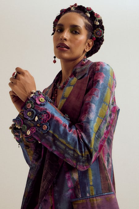 Buy_Capisvirleo_Lavender Silk Fabric Flowers, Embroidery, Patchwork, Laburnum Tie Dye Blazer _Online_at_Aza_Fashions