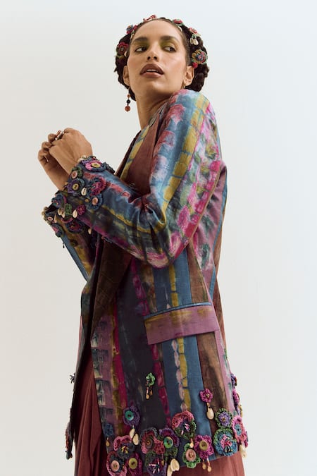 Shop_Capisvirleo_Lavender Silk Fabric Flowers, Embroidery, Patchwork, Laburnum Tie Dye Blazer _Online_at_Aza_Fashions