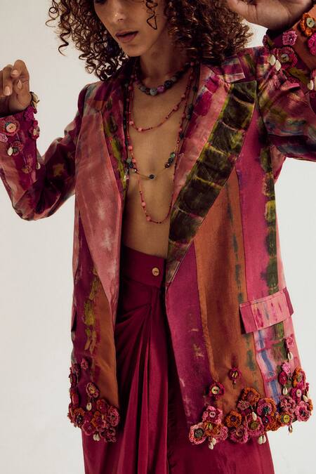 Capisvirleo_Fuchsia Silk Embroidery, Fabric Flowers Laburnum Tie Dye Blazer _Online_at_Aza_Fashions