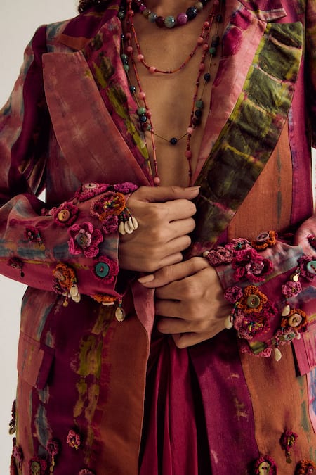 Buy_Capisvirleo_Fuchsia Silk Embroidery, Fabric Flowers Laburnum Tie Dye Blazer _Online_at_Aza_Fashions