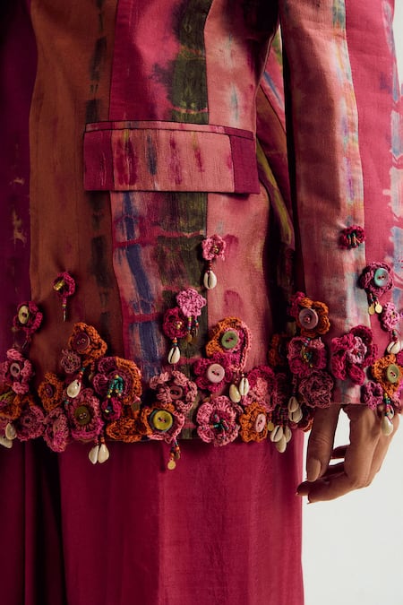 Shop_Capisvirleo_Fuchsia Silk Embroidery, Fabric Flowers Laburnum Tie Dye Blazer _Online_at_Aza_Fashions