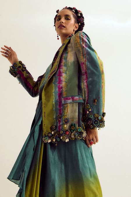 Capisvirleo_Turquoise Silk Fabric Flowers, Embroidery, Beads Laburnum Tie Dye Blazer _Online_at_Aza_Fashions