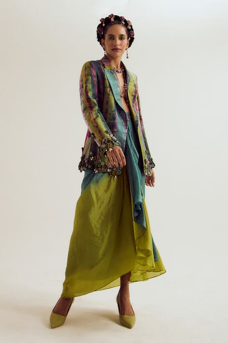 Buy_Capisvirleo_Turquoise Silk Fabric Flowers, Embroidery, Beads Laburnum Tie Dye Blazer _Online_at_Aza_Fashions