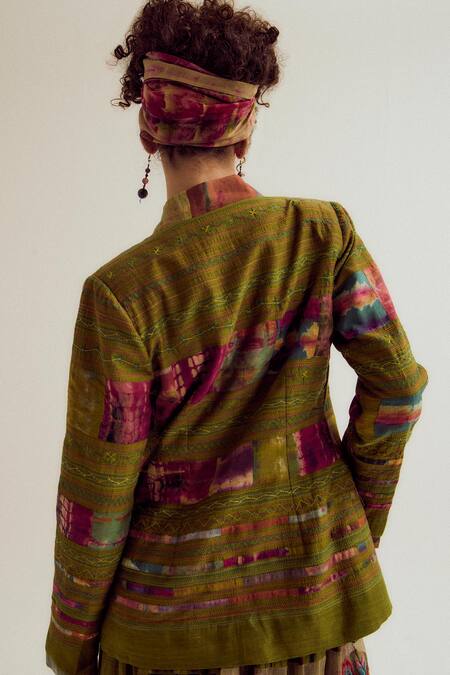 Capisvirleo_Green Chanderi Silk Patchwork, Embroidery, Fabric Graceland Front Jacket _Online_at_Aza_Fashions