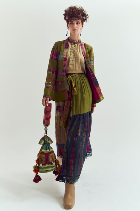 Capisvirleo Green Chanderi Silk Patchwork, Embroidery, Fabric Graceland Front Jacket 