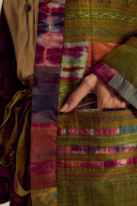 Shop_Capisvirleo_Green Chanderi Silk Patchwork, Embroidery, Fabric Graceland Front Jacket _Online_at_Aza_Fashions