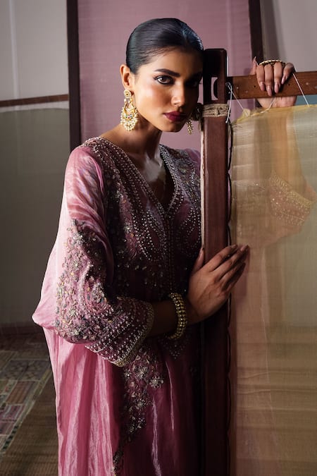 Nabo_Pink Tissue Embroidery, Beads, Pearls V-neck Dori Kaftan And Pant Set _Online_at_Aza_Fashions