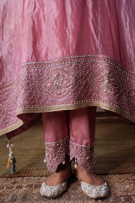 Shop_Nabo_Pink Tissue Embroidery, Beads, Pearls V-neck Dori Kaftan And Pant Set _Online_at_Aza_Fashions