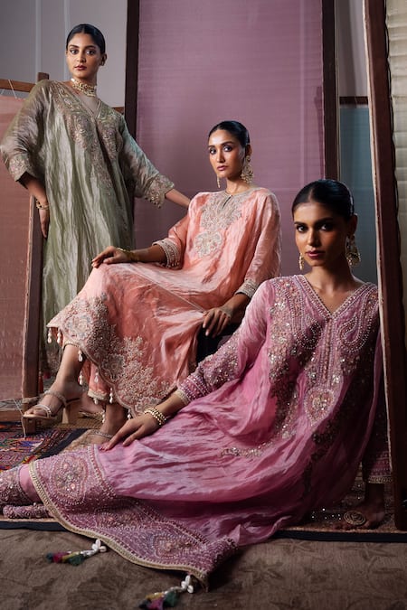 Nabo_Pink Tissue Embroidery, Beads, Pearls V-neck Dori Kaftan And Pant Set _at_Aza_Fashions