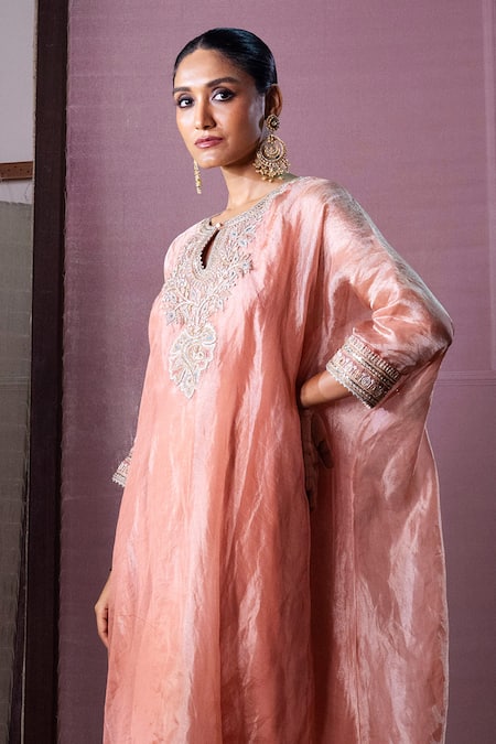 Nabo_Peach Tissue Embroidery, Beads, Zari Round Neck Dori Work Kaftan And Pant Set _Online_at_Aza_Fashions