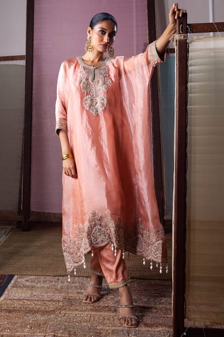 Nabo Peach Tissue Embroidery, Beads, Zari Round Neck Dori Work Kaftan And Pant Set 