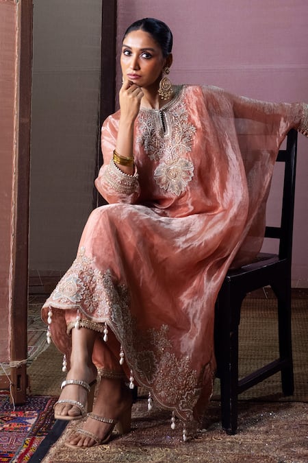 Shop_Nabo_Peach Tissue Embroidery, Beads, Zari Round Neck Dori Work Kaftan And Pant Set _Online_at_Aza_Fashions