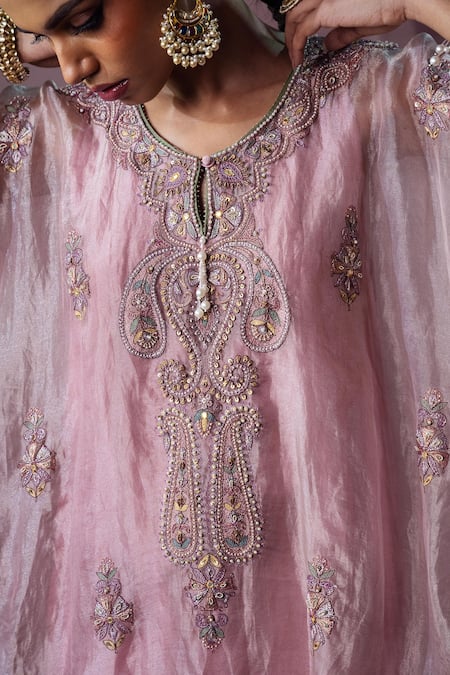 Shop_Nabo_Pink Tissue Embroidery, Beads, Zari Round Neck Paisley Kaftan And Pant Set _Online_at_Aza_Fashions