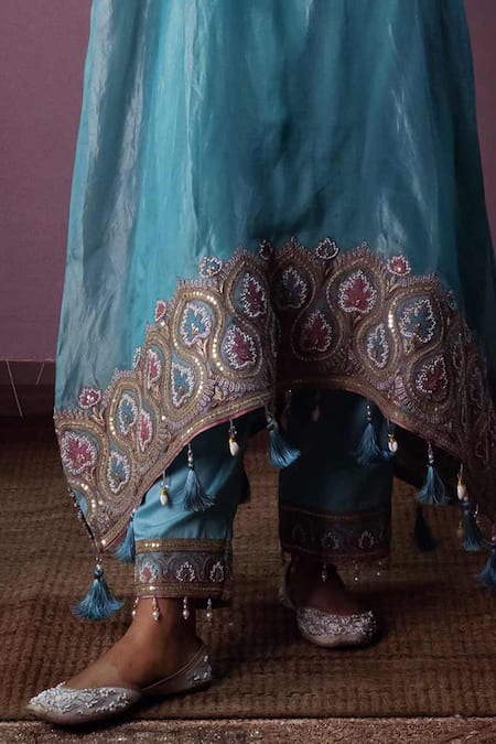 Nabo_Blue Tissue Embroidery, Sequins, Pearls, Zari Paisley Pattern Kaftan And Pant Set _Online_at_Aza_Fashions