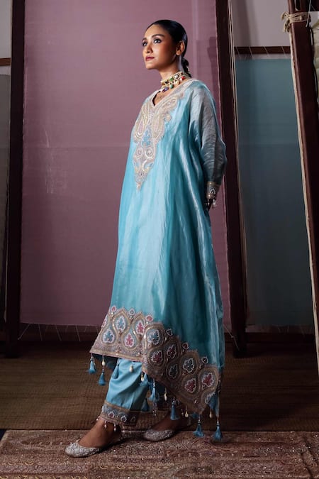 Buy_Nabo_Blue Tissue Embroidery, Sequins, Pearls, Zari Paisley Pattern Kaftan And Pant Set _Online_at_Aza_Fashions