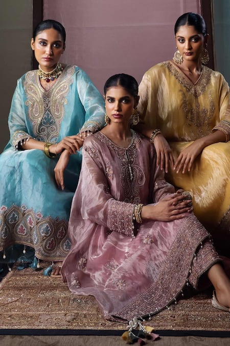 Nabo_Blue Tissue Embroidery, Sequins, Pearls, Zari Paisley Pattern Kaftan And Pant Set _at_Aza_Fashions