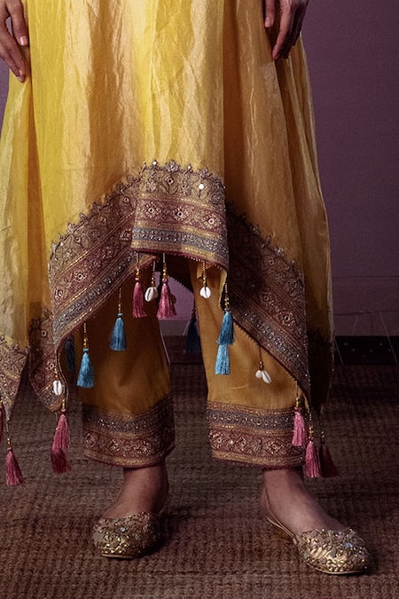 Nabo_Yellow Tissue Embroidery, Sequins, Tassels V-neck Floral Kaftan With Pant _Online_at_Aza_Fashions