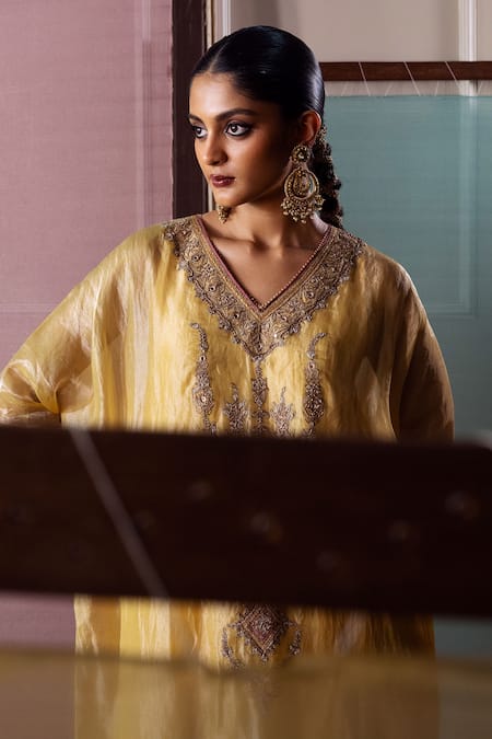 Shop_Nabo_Yellow Tissue Embroidery, Sequins, Tassels V-neck Floral Kaftan With Pant _Online_at_Aza_Fashions