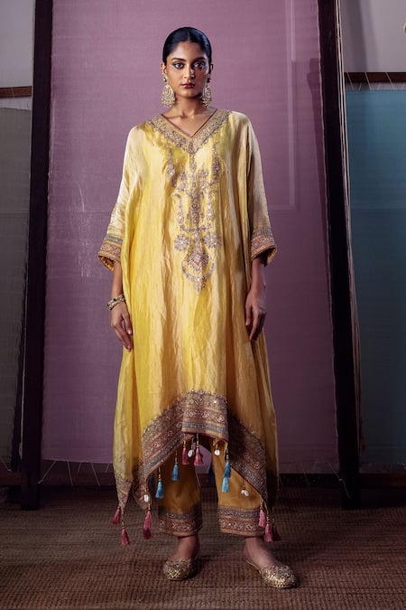 Nabo Yellow Tissue Embroidery, Sequins, Tassels V-neck Floral Kaftan With Pant 