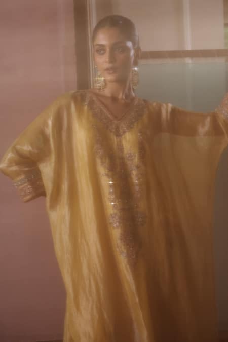 Nabo_Yellow Tissue Embroidery, Sequins, Tassels V-neck Floral Kaftan With Pant _at_Aza_Fashions