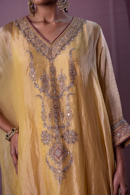 Buy_Nabo_Yellow Tissue Embroidery, Sequins, Tassels V-neck Floral Kaftan With Pant 