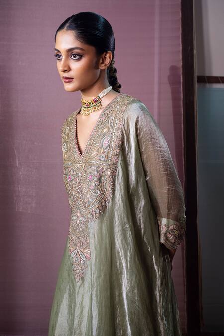 Nabo_Green Tissue Embroidery, Zari, Sequins, Tassels Floral Pattern Kaftan With Pant _Online_at_Aza_Fashions