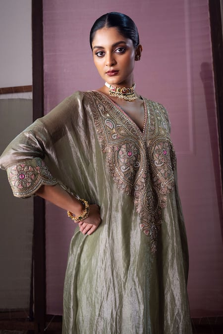 Shop_Nabo_Green Tissue Embroidery, Zari, Sequins, Tassels Floral Pattern Kaftan With Pant _Online_at_Aza_Fashions